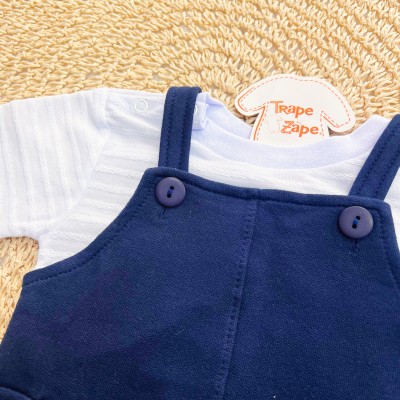  Conj. Camiseta com Listras e Jardineira em Moletinho - Marinho e Branco